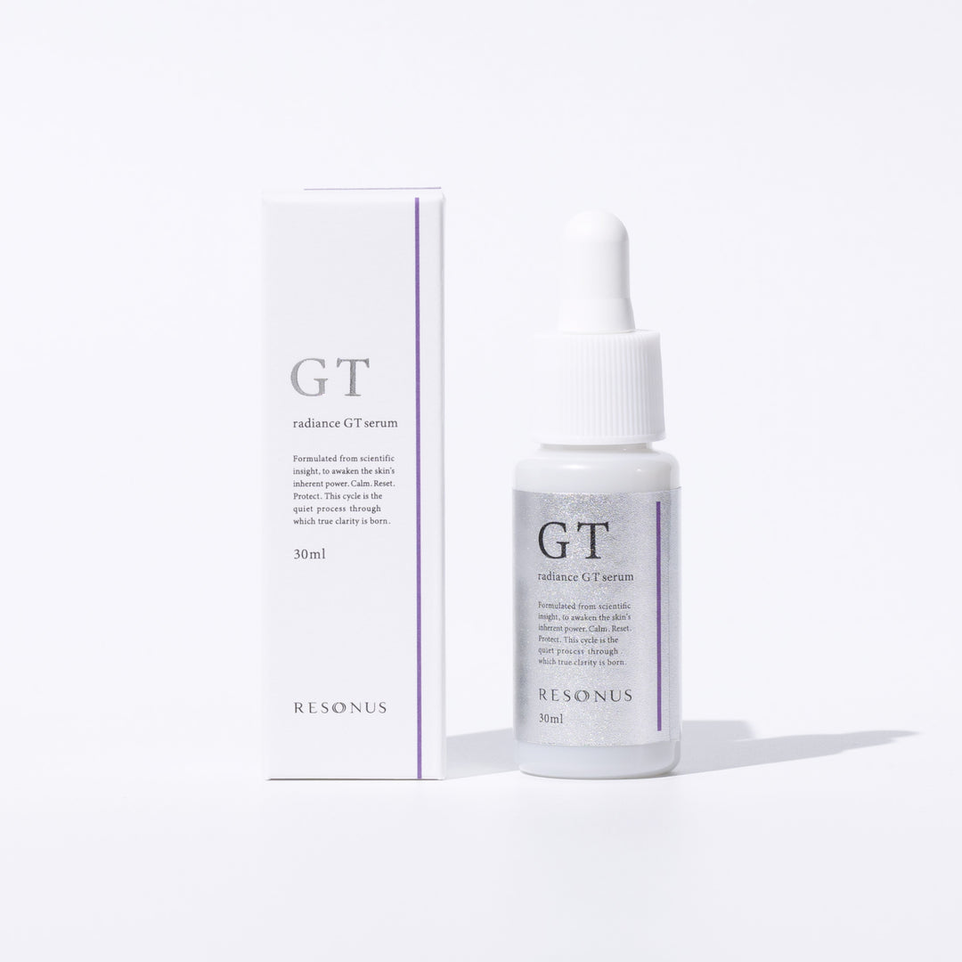 商品写真：白い背景に並ぶラディエンスGTセラムの白い外箱パッケージとスポイト付きのボトル容器｜リゾナス